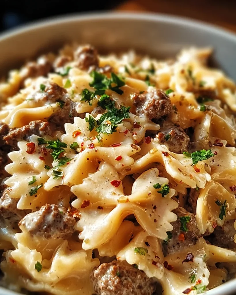 Beef and Bowtie Pasta with Alfredo Sauce
