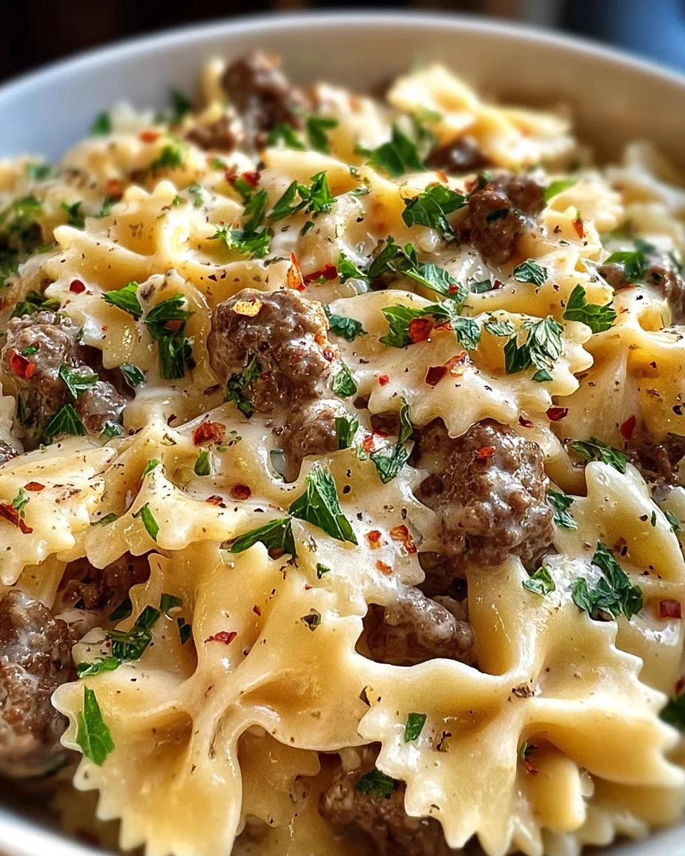 Beef and Bowtie Pasta with Alfredo Sauce 21 Beef