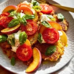 Corn Fritter Caprese with Peaches and Tomatoes 28 Corn Fritter Caprese with Peaches and Tomatoes