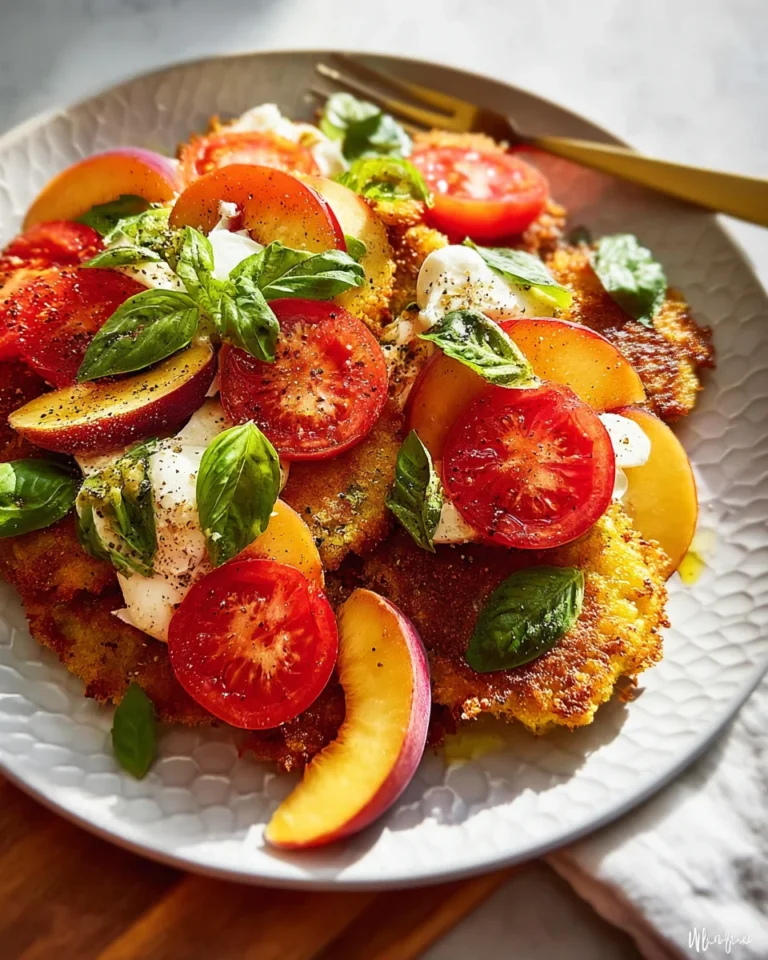Corn Fritter Caprese with Peaches and Tomatoes