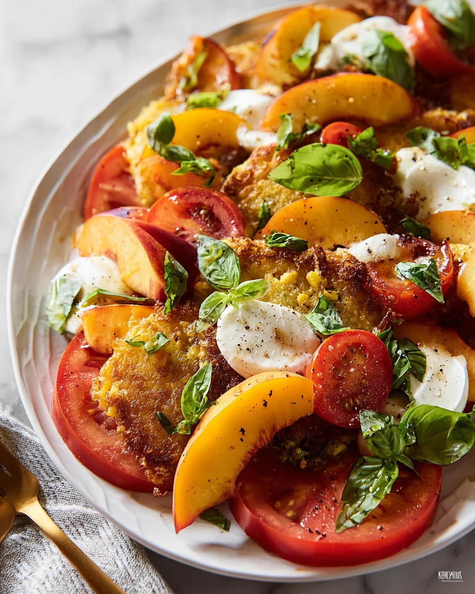 Corn Fritter Caprese with Peaches and Tomatoes 27 Corn