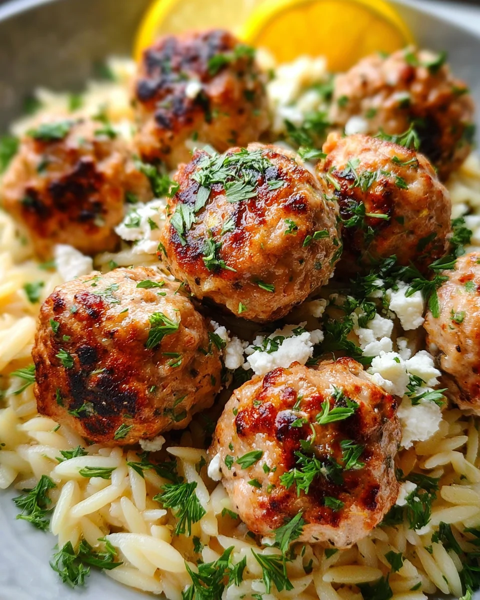 Greek Chicken Meatballs with Lemon Orzo