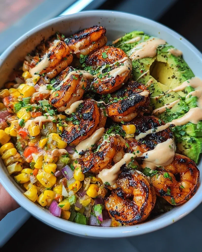Grilled Shrimp Bowl with Avocado, Corn Salsa & Creamy Garlic Sauce