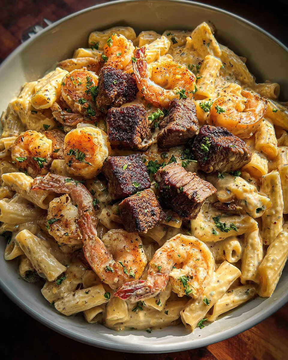 Blackened Steak and Shrimp Alfredo