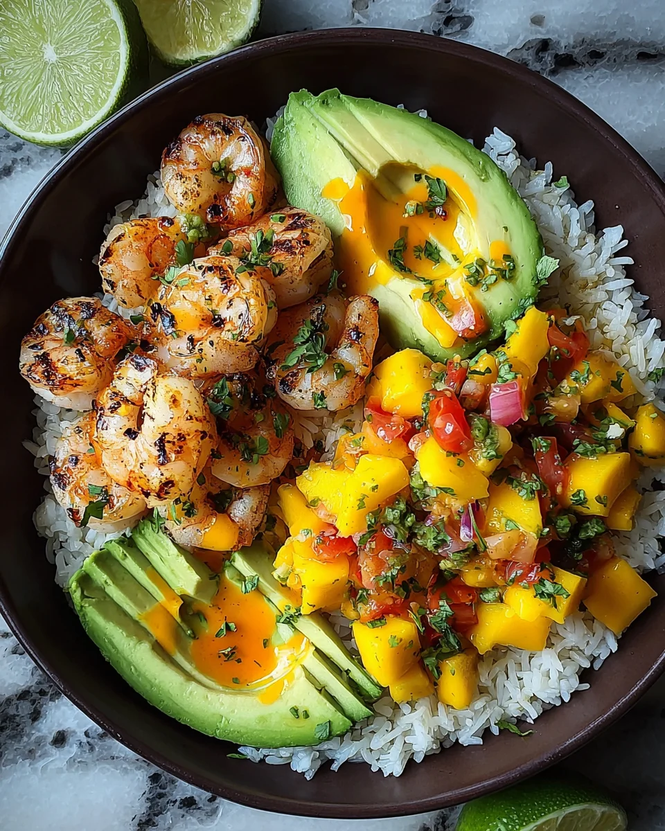 Shrimp and Avocado Bowls with Mango Salsa & Lime-Chili Sauce
