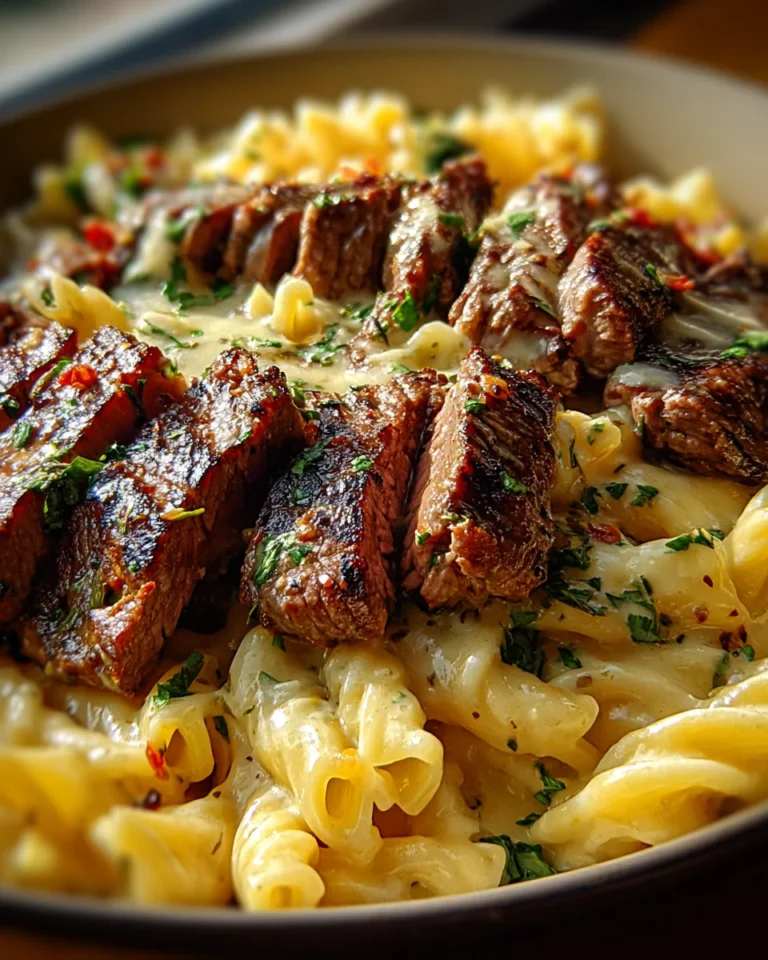 Steak and Creamy Garlic Parmesan Pasta