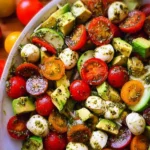 Tomato Cucumber Avocado Salad with Mozzarella and Basil Pesto