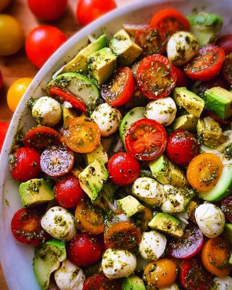 Tomato Cucumber Avocado Salad with Mozzarella and Basil Pesto