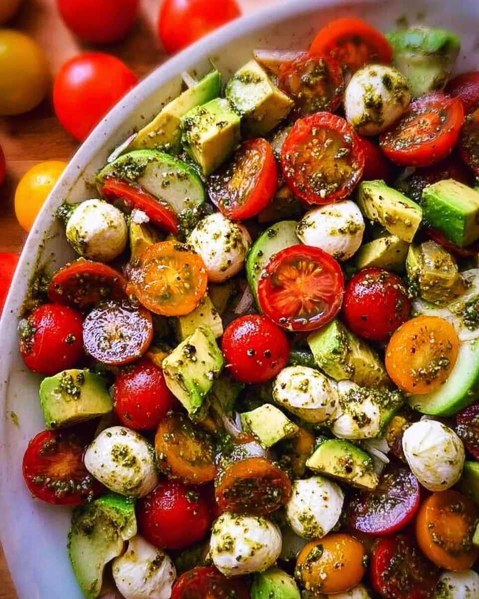 Tomato Cucumber Avocado Salad with Mozzarella and Basil Pesto