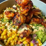 Grilled Shrimp Bowl with Avocado, Corn Salsa & Creamy Sauce