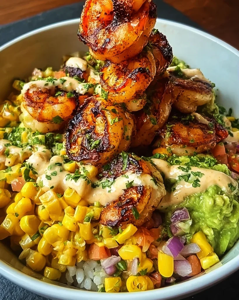 Grilled Shrimp Bowl with Avocado, Corn Salsa & Creamy Sauce