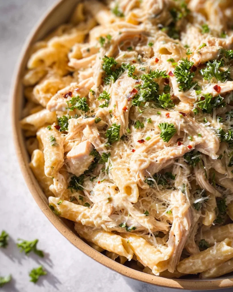 The Best Crockpot Garlic Parmesan Chicken Pasta Recipe