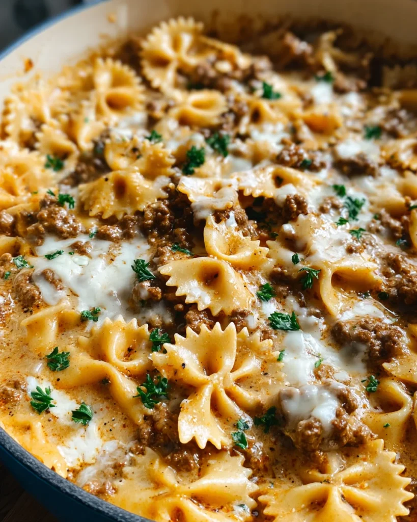 Cheesy Beef and Bowtie Pasta in Garlic Butter