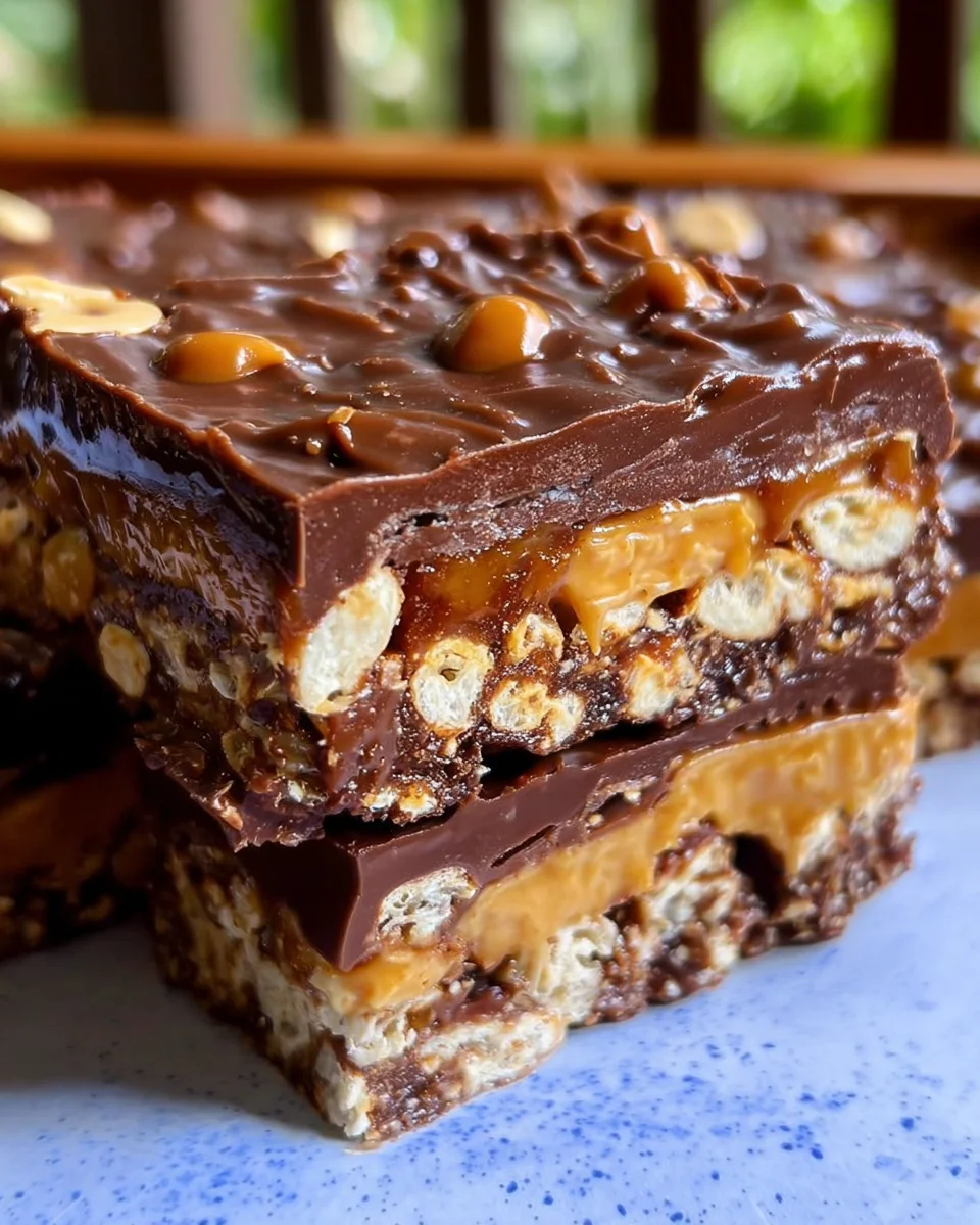No Bake Crispy Snickers Bars