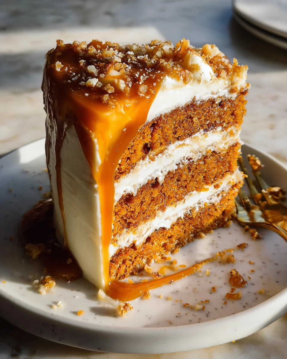 Pumpkin Cake with Cream Cheese Frosting and Salted Caramel Drizzle