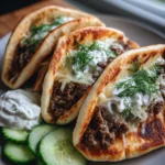Cheesy Beef and Mushroom Pita Pockets with Tzatziki Sauce