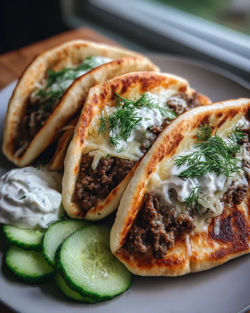 Cheesy Beef and Mushroom Pita Pockets with Tzatziki Sauce