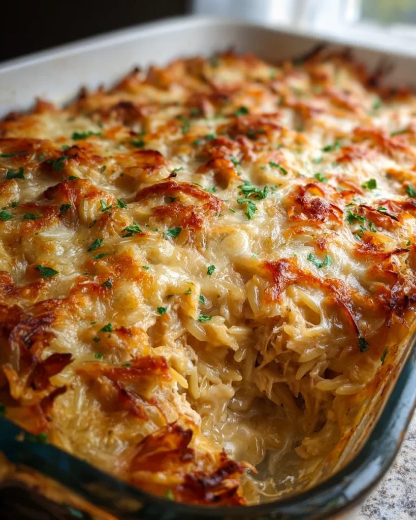 French Onion Chicken Orzo Casserole