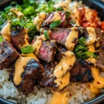 Korean BBQ Steak Rice Bowls with Spicy Cream Sauce