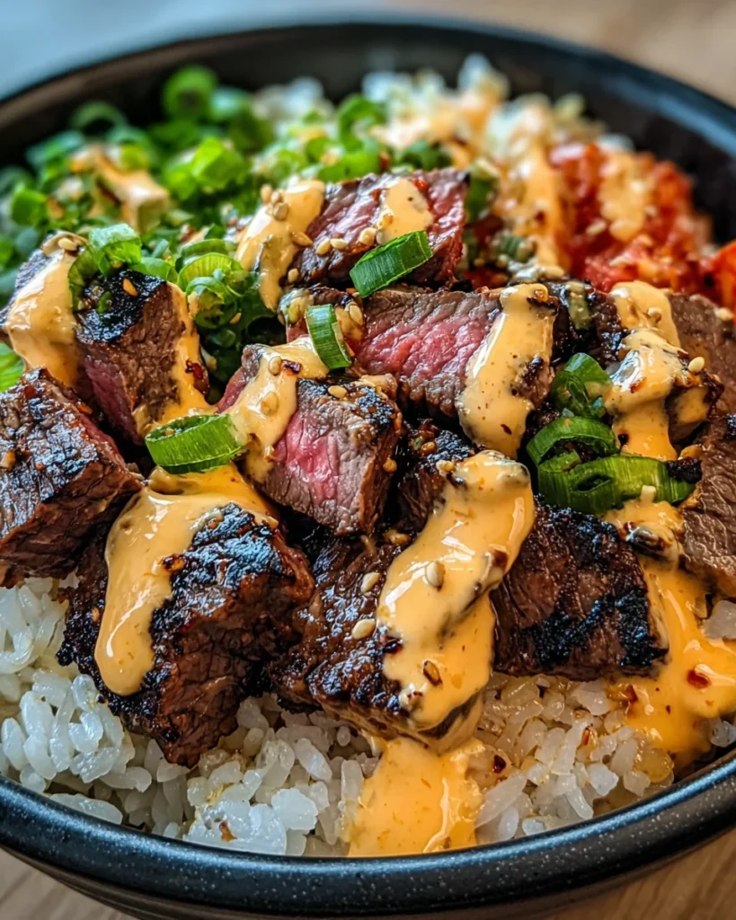 Korean BBQ Steak Rice Bowls with Spicy Cream Sauce